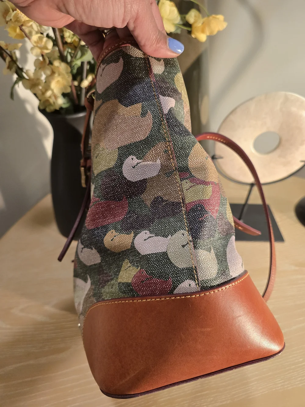 Dooney & Bourke Multicolor Duck-Print Canvas Tote with Red Leather Trim